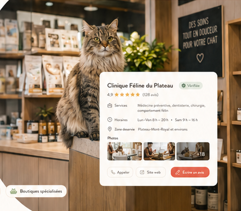 Chat dans une boutique spécialisée — MinouHub pour les entreprises